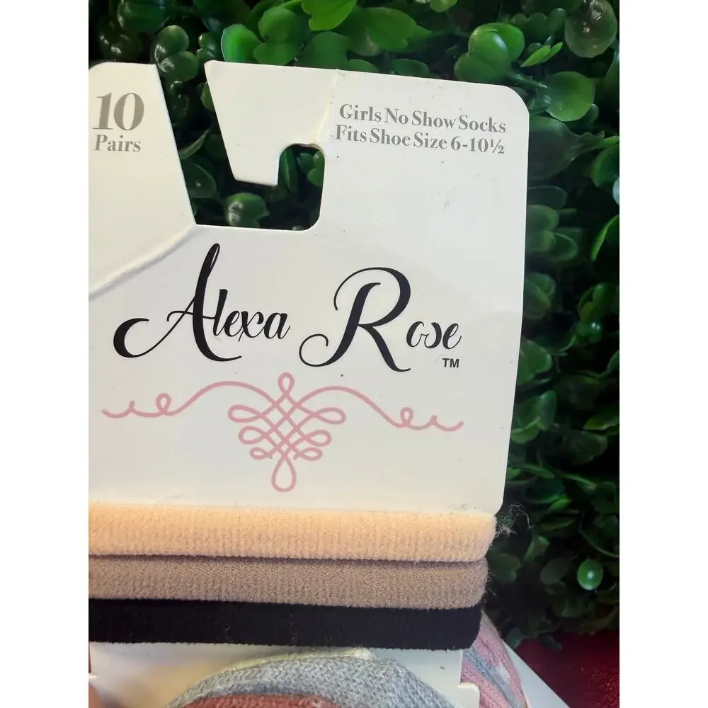 Alexa Rose Girls No Show Socks 10 Pack Matching Hair Ties Pastel Pink Cream 6-10